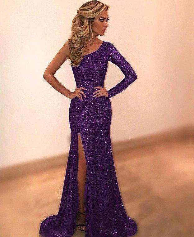 Mandotos women's long sleeve one-shoulder bronzing evening dress, stylish and elegant for special occasions.