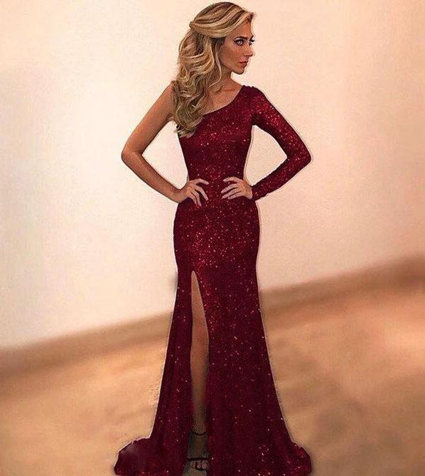 Mandotos women's long sleeve one-shoulder bronzing evening dress, stylish and elegant for special occasions.