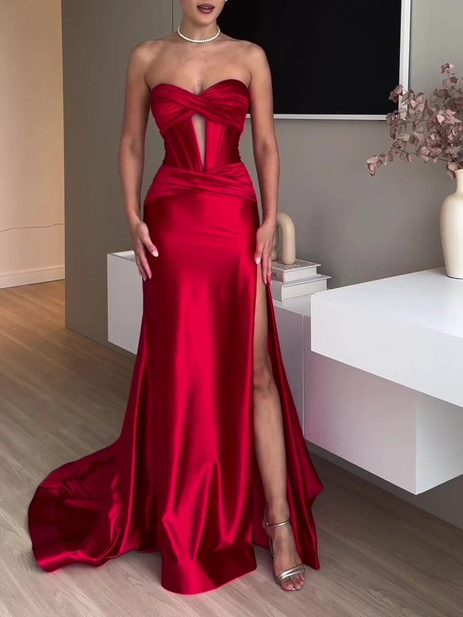 Red extra long tube top evening dress with slit by MANDOTOS, featuring a sleek, elegant design for formal occasions.