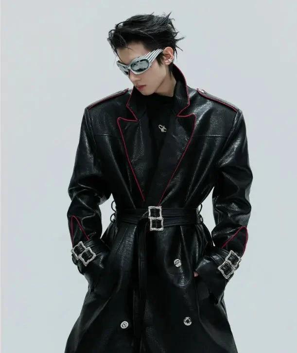 Mandotos wide shoulder long coat with fur collar, metal belt at waist, and a stylish long-cut design.