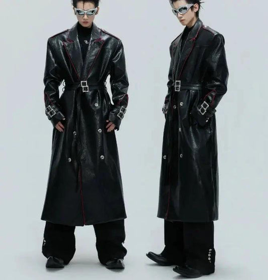 Mandotos wide shoulder fur coat with metal belt and long cut, featuring a stylish, warm design for winter wear.