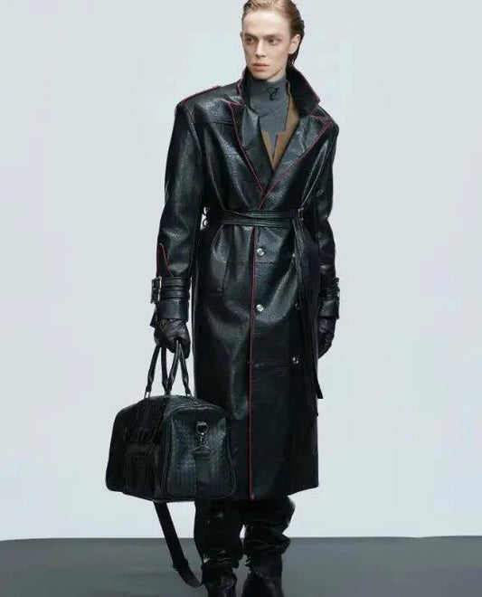 Mandotos wide shoulder long coat with fur collar, metal belt detail, and waist-length cut, stylish and warm outerwear.