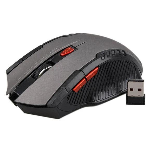Mandotos wireless mouse with ergonomic design, black finish, and USB receiver on a white desk surface.