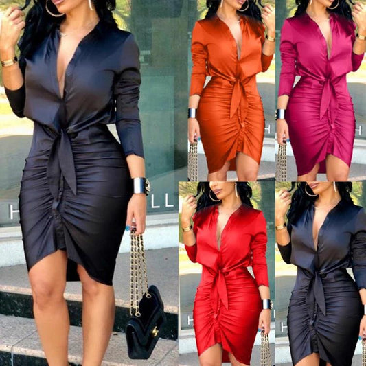 Women’s solid color long sleeve midi dress by MANDOTOS, lace-up design, elegant shirt dress style perfect for fashion or parties.