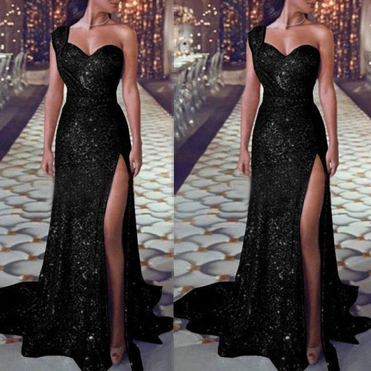 Women's one-shoulder sleeveless bronzing split dress by MANDOTOS, featuring a stylish and elegant design for summer occasions.