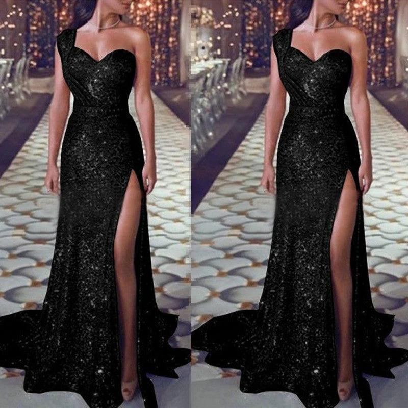 Women's one-shoulder sleeveless bronzing split dress by MANDOTOS, featuring a stylish and elegant design for summer occasions.