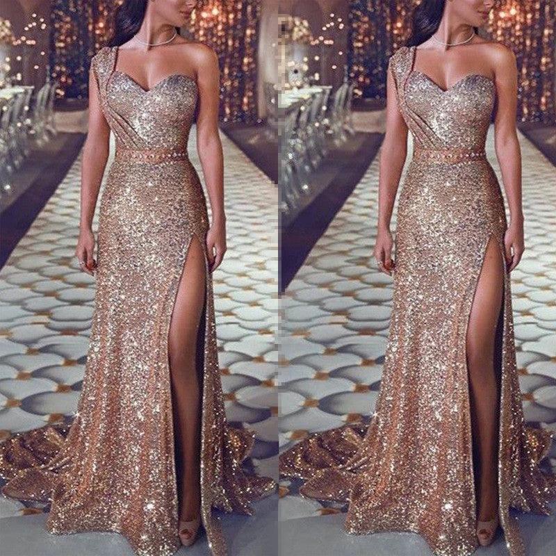 Women's one-shoulder sleeveless bronzing split dress by MANDOTOS, featuring a stylish and elegant design perfect for summer wear.
