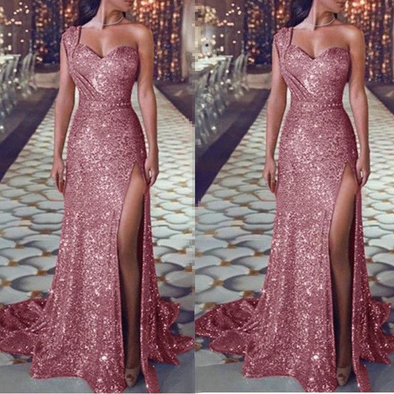 Women's one-shoulder sleeveless bronzing split dress by MANDOTOS, shown in a stylish, elegant design with smooth fabric and modern cut.