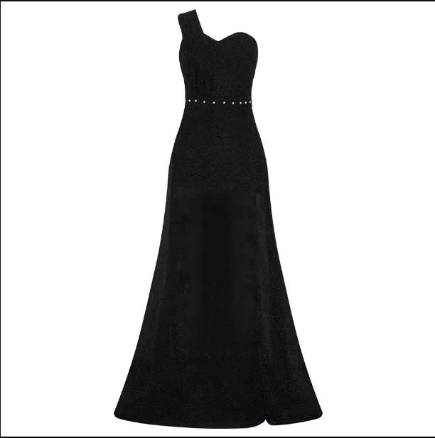 Women's one-shoulder sleeveless bronzing split dress by MANDOTOS, shown with elegant design and flowing fabric.
