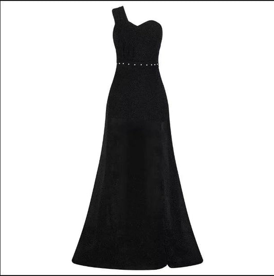 Women's one-shoulder sleeveless bronzing split dress by MANDOTOS, shown with elegant design and flowing fabric.