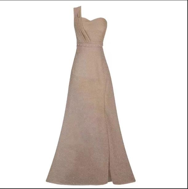 Women's one-shoulder sleeveless bronzing split dress by MANDOTOS, shown on a model with stylish design and flowing fabric.