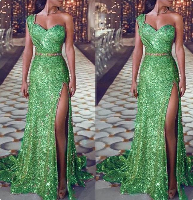 Women's one-shoulder sleeveless bronzing split dress by MANDOTOS, featuring a stylish design and elegant fit.