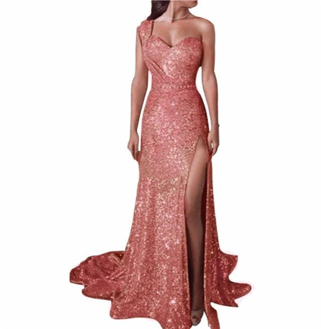 Women's one-shoulder sleeveless bronzing split dress by MANDOTOS, featuring a stylish design perfect for summer or special occasions.