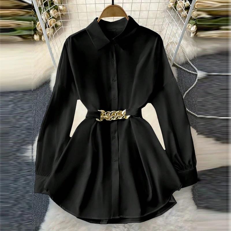 Women's elegant lapel button-down blouse with adjustable metal waist belt, solid color, loose fit for casual and office wear by MANDOTOS.