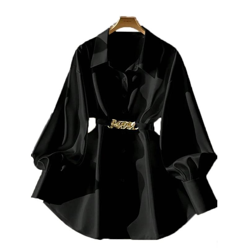 Mandotos women's elegant lapel button-down blouse with adjustable metal waist belt, solid color, loose fit for casual or office wear.