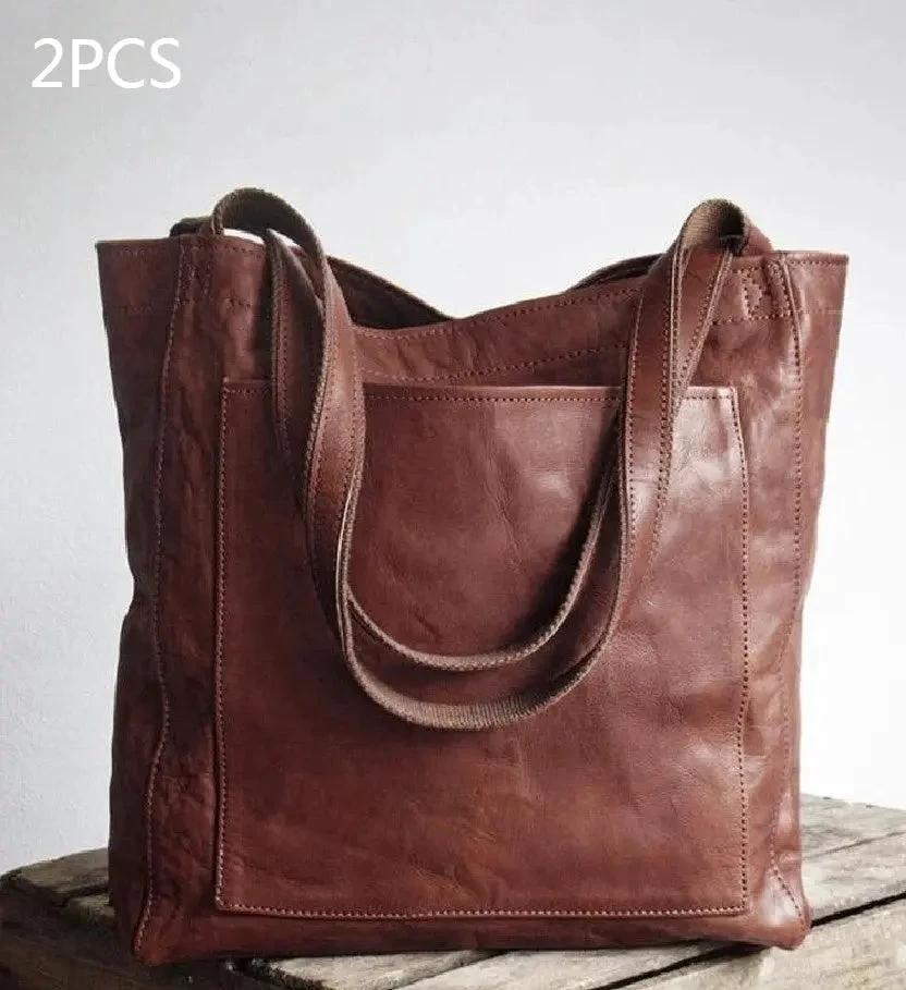 Women's soft leather shoulder bag with pocket, vintage style, portable design by MANDOTOS.