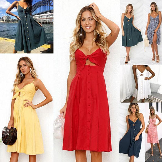 Mandotos women's sleeveless backless summer dress with straps, long close-fitting sheath for party and evening occasions.