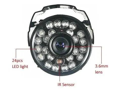 Mandotos 1000TVL infrared night vision security camera showing lens and infrared LEDs for low-light surveillance.
