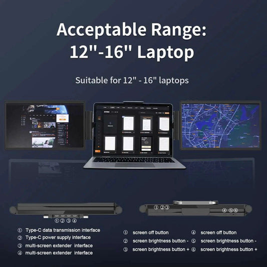 MANDOTOS 12-inch laptop dual monitor with 1920x1080 HD IPS LCD screen, compatible with MacBook and Huawei laptops.