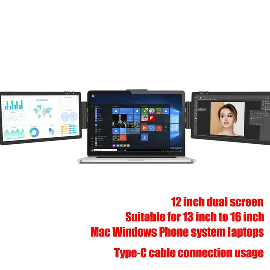 Mandotos 12-inch HD IPS LCD dual monitor extender for laptops, compatible with MacBook and Huawei, with 1920x1080 resolution.
