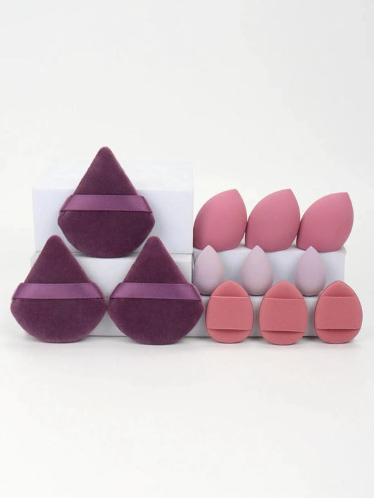 Mandotos 12-piece all-purpose makeup sponge set with beauty eggs, mini air cushion puffs, and loose powder applicators.