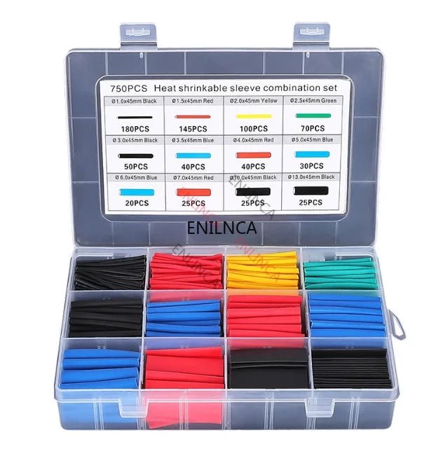 Mandotos heat-shrink tubing kit with 750 thermoresistant sleeves for electrical wire insulation and cable wrapping.