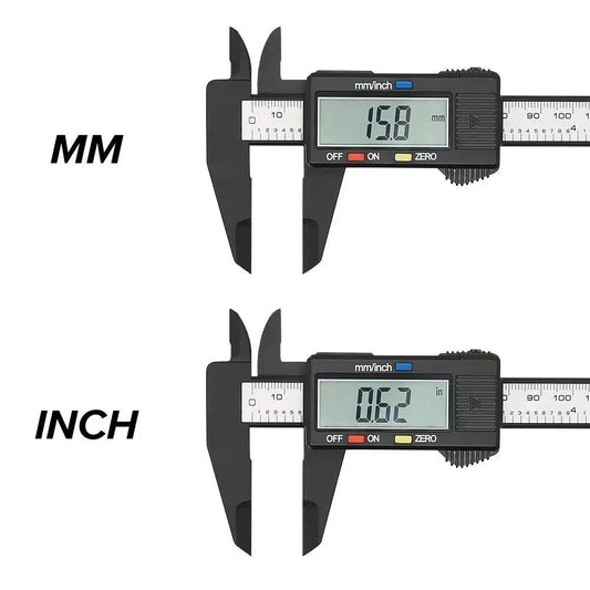 Mandotos 150mm and 100mm electronic digital caliper with carbon fiber body, dial, and vernier for precise measurement.