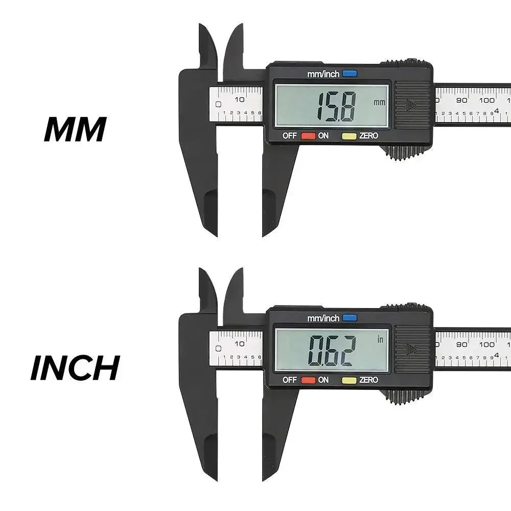 Mandotos 150mm and 100mm electronic digital caliper with carbon fiber body, dial, and vernier for precise measurement.