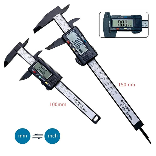 Mandotos 150mm and 100mm electronic digital caliper with carbon fiber body, dial, and micrometer for precise measurement.