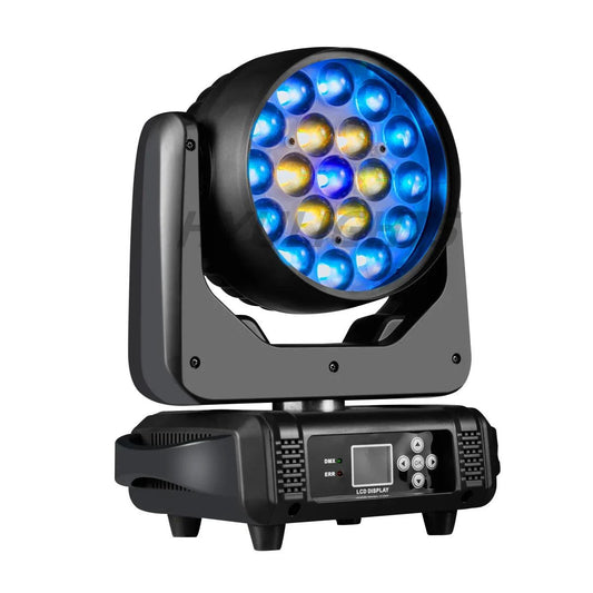 Mandotos 19x15W RGBW LED moving head light for stage lighting with DMX512 control, showcasing colorful stage illumination effects.