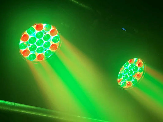 Mandotos 19x15W RGBW LED moving head light with DMX512 for stage lighting, featuring colorful lighting effects and adjustable positioning.