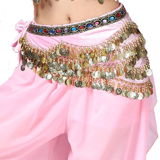 Mandotos multi-color glass silk velvet belly dance belt with crystal accents, waist chain, and hip scarf for dance performances.