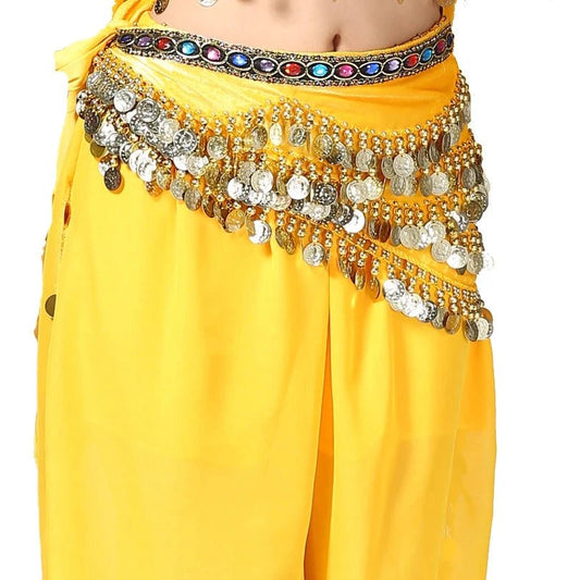 Mandotos multi-color glass silk velvet belly dance belt with crystal accents, waist chain, and hip scarf for elegant dance performances.