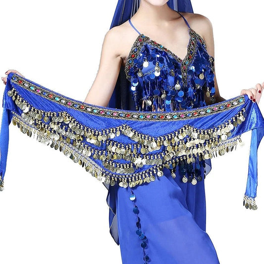 Mandotos multi-color glass silk velvet belly dance belt with crystals, waist chain, and hip scarf for elegant dance performances.