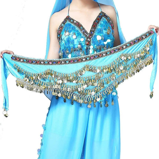 Mandotos belly dance belt with multi-color glass beads, silk velvet fabric, crystal accents, waist chain, and hip scarf for dance performance.