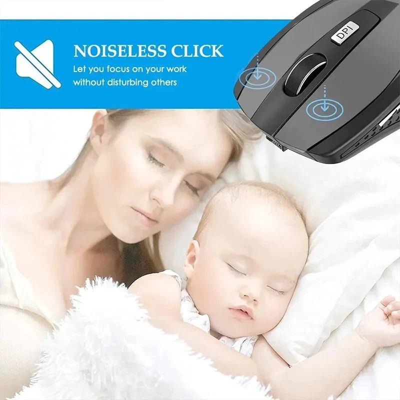 Mandotos 2.4G wireless Bluetooth ergonomic mouse with 6 mute buttons, adjustable 800/1200/1600 DPI, for MacBook, tablets, and laptops.