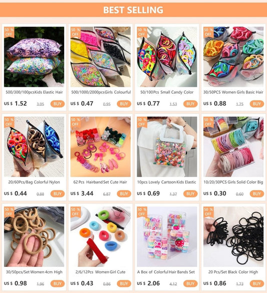 Set of 20/50 kids elastic hair bands by MANDOTOS, colorful sweets-themed scrunchies and hair ties for children’s hair accessories.