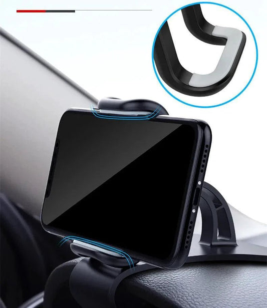 Mandotos 360° rotatable car phone holder, universal dashboard mount for mobile phones, auto grip support, fixed bracket design.
