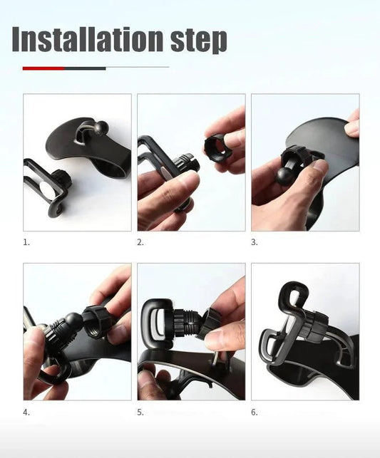 Mandotos 360° rotatable car phone holder, universal dashboard mount for mobile phones, auto grip fixed bracket, black plastic design.