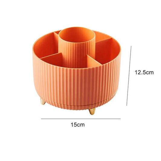 Mandotos 360° swivel makeup brush holder with multiple compartments for organizing brushes and cosmetics.
