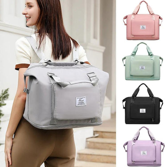 Mandotos folding travel bag for women, versatile backpack, shoulder bag, gym, fitness, weekender, and overnight use.