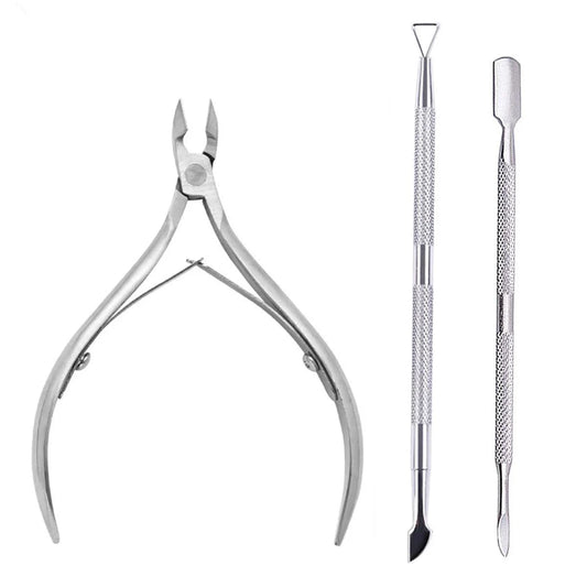 Mandotos 4-piece stainless steel nail cutter set with scissors, nippers, cuticle pusher, and remover for professional manicure care.