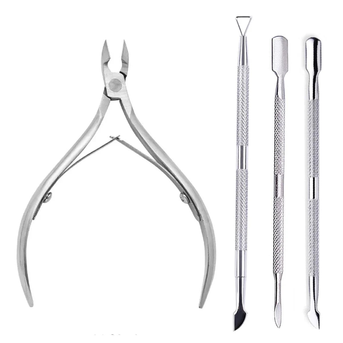 Mandotos 4 pcs stainless steel nail cutter set with scissors, nippers, and cuticle pusher for professional nail care and manicure.