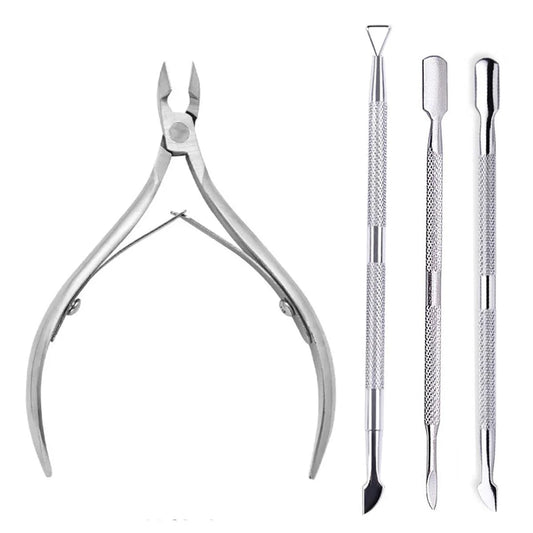 Mandotos 4 pcs stainless steel nail cutter set with scissors, nippers, and cuticle pusher for professional nail care and manicure.
