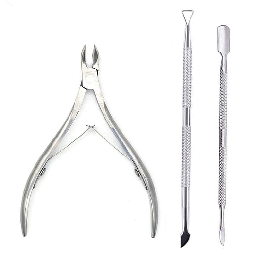 Mandotos 4-piece stainless steel nail care kit with nail cutters, scissors, nippers, and cuticle pusher for manicure grooming.