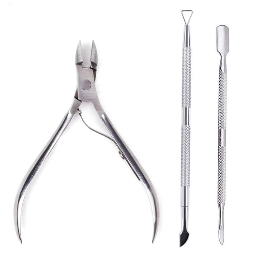 Mandotos 4-piece stainless steel nail cutter set with scissors, nippers, and cuticle pusher for professional manicure and nail care.