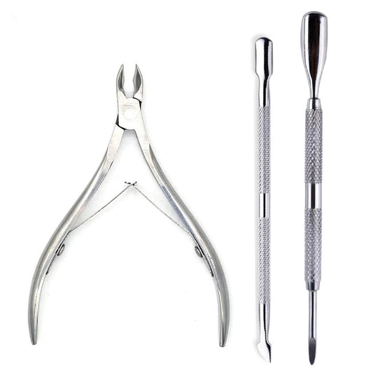 Mandotos 4-piece stainless steel nail cutter set with scissors, nippers, cuticle pusher, and remover for professional nail care.