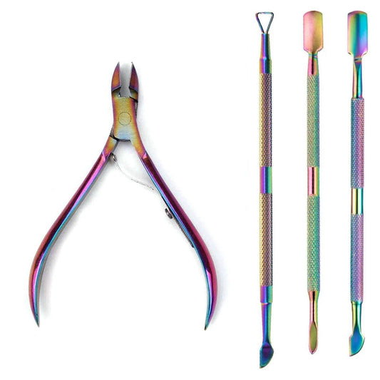 Mandotos 4-piece professional stainless steel nail cutter and scissors set with cuticle pusher for manicure and nail care.