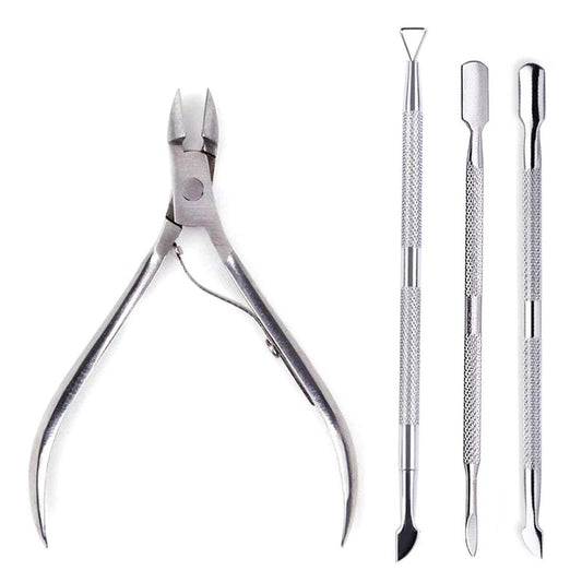 Mandotos 4-piece stainless steel nail care set with nail cutter, scissors, nippers, and cuticle pusher for manicure grooming.