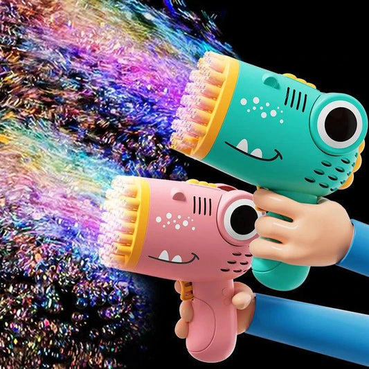 Mandotos 40-hole dinosaur bubble machine, handheld electric bubble gun for outdoor weddings and parties with colorful bubbles.